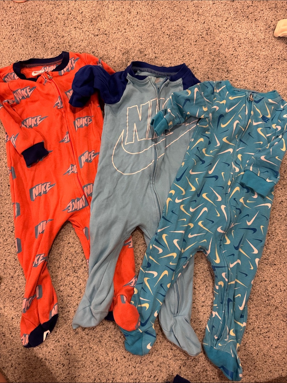 Nike Kids' Footed One-Piece Pajamas — Orange, Light Blue & Teal Trio